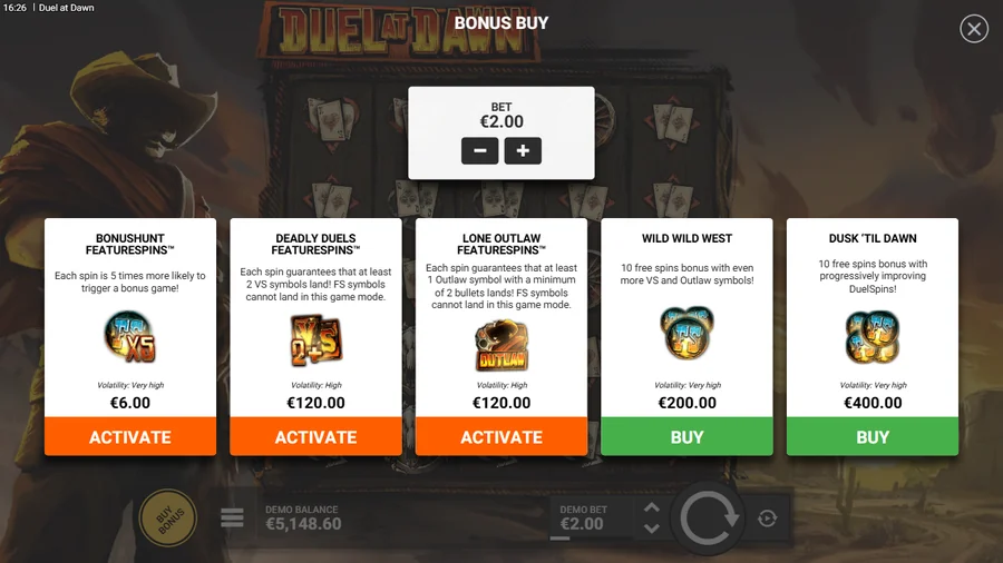 Duel at Dawn bonus buy menu