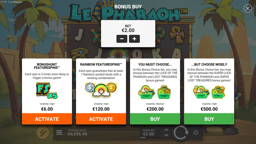 Le Pharaoh bonus buy menu